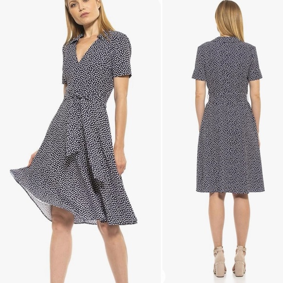 ALEXIA ADMOR Midi Heart Pattern Fit & Flare Collared Navy & White Dress Size 6 - Picture 8 of 16